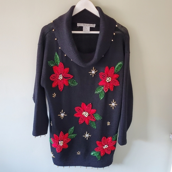 Victoria Jones L Vintage 90s Cabincore Beaded Cowl Neck Christmas Sweater - Picture 1 of 12
